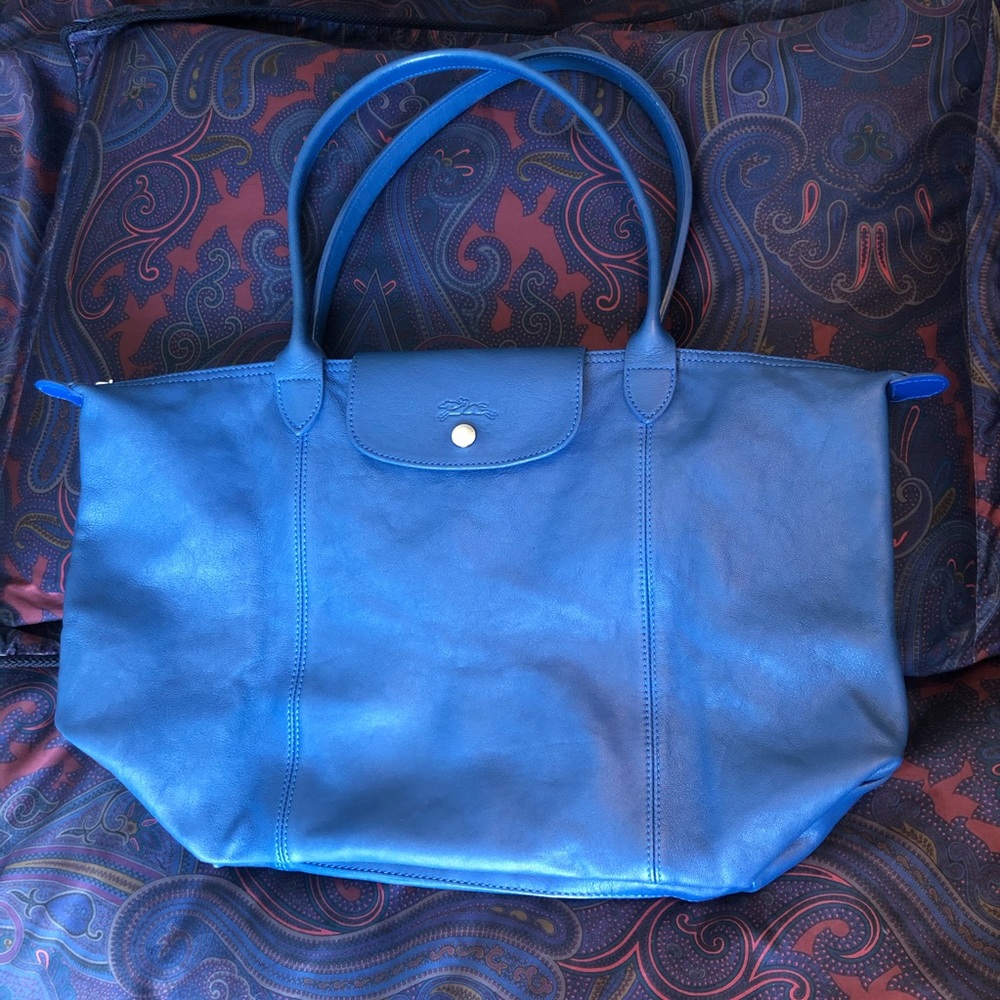 Longchamp Blue Le Pliage Cuir Leather Tote